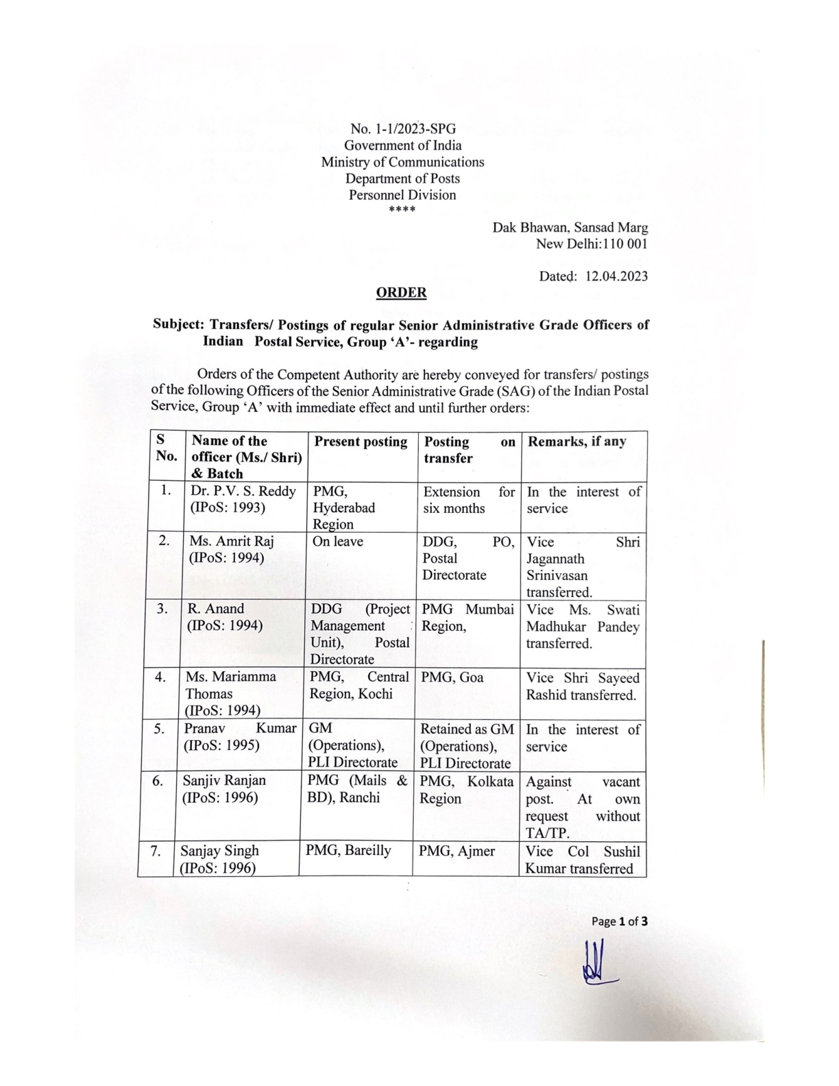 Transfers/ Postings of regular Senior Administrative Grade Officers of